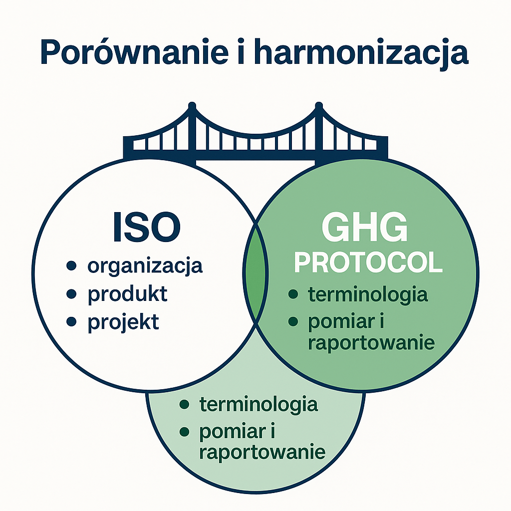 Infografika „Porównanie i harmonizacja”: diagram Venn z mostem łączącym ISO (organizacja, produkt, projekt) i GHG Protocol (terminologia, pomiar i raportowanie); w części wspólnej: terminologia, pomiar i raportowanie.
