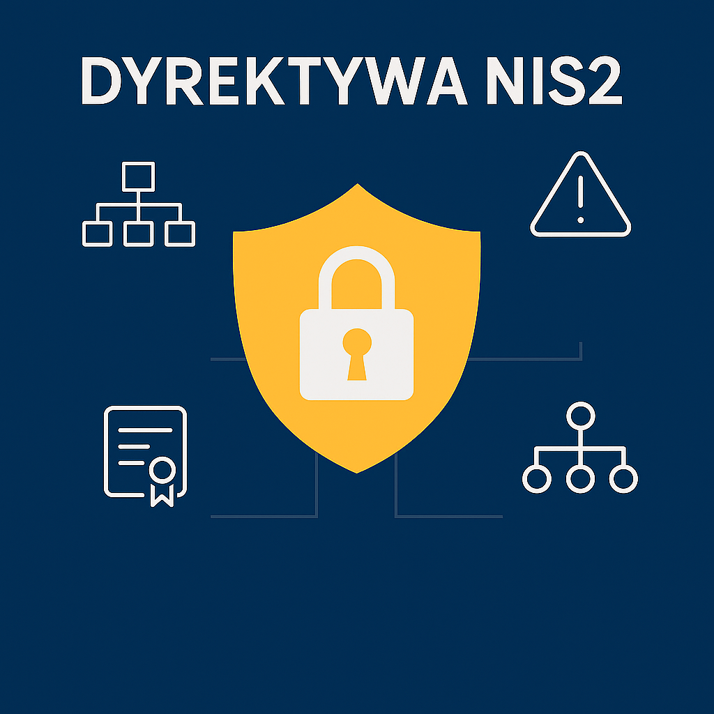 Grafika przedstawiająca tarczę z kłódką jako symbol cyberbezpieczeństwa oraz ikony nawiązujące do elementów dyrektywy NIS2.